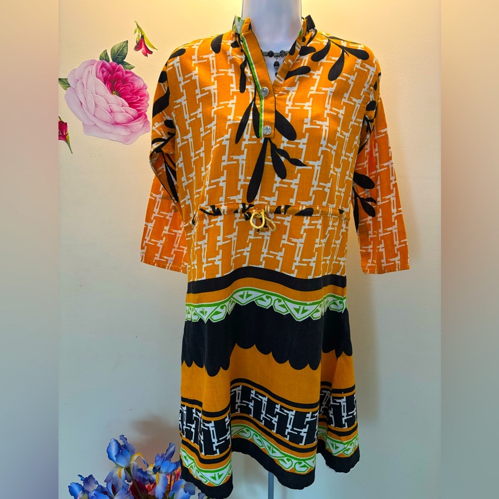 Stylish Orange and Black Patterned Dress top/ tunic/kurti S 36